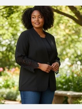 Black Lace-Sleeve Open Front Blazer Jacket - Women